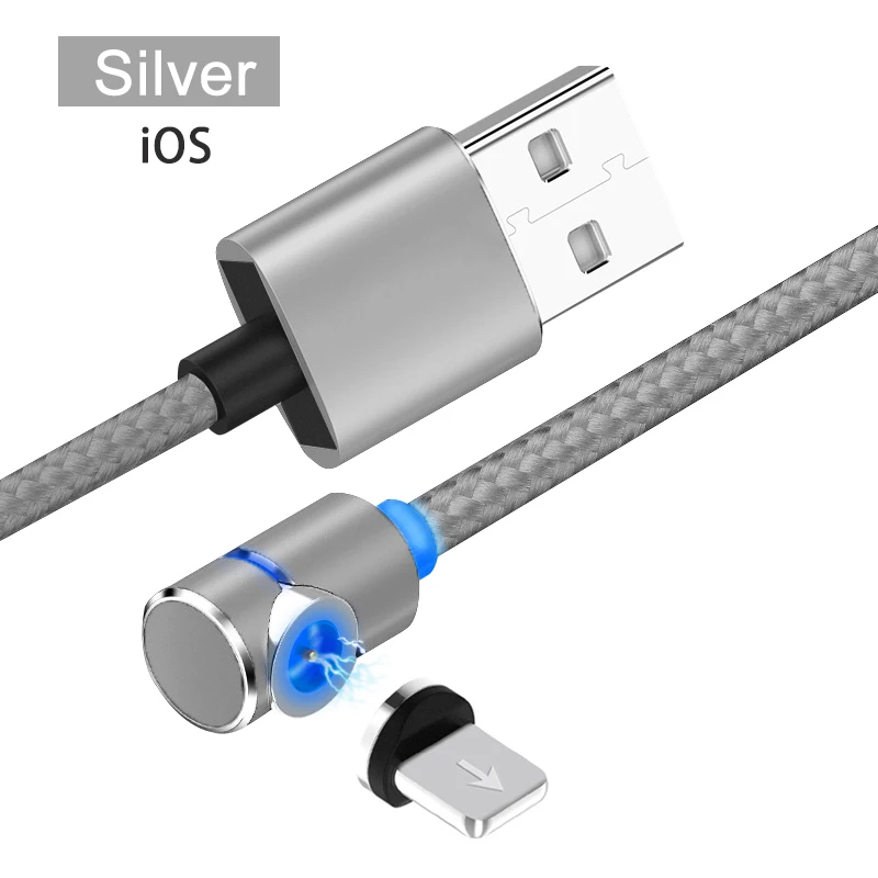 iOS-Silver Магнитный кабель для мобильного телефона USB Micro type C Android кабель IOS Синхронизация данных нейлоновая оплетка светодиодный индикатор Магнитный кабель для зарядки 1 м - Цвет: iOS-Silver