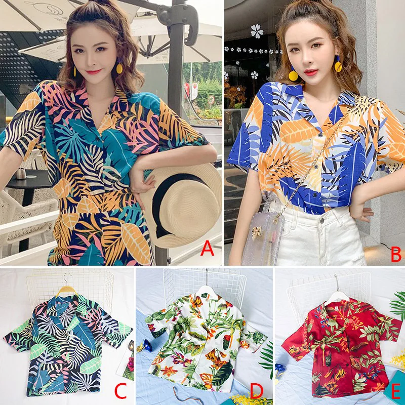 

Women Harajuku Blouse Leaves Printed Vintage Korean Short Sleeve Casual blusas Hawaiian Beach Female Lady V Neck Shirts