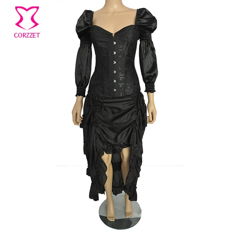 Black Brocade Long Sleeve Victorian Gothic Corset Skirt Outfits Burlesque Dress Steampunk Clothing Sexy Corsets And Bustiers