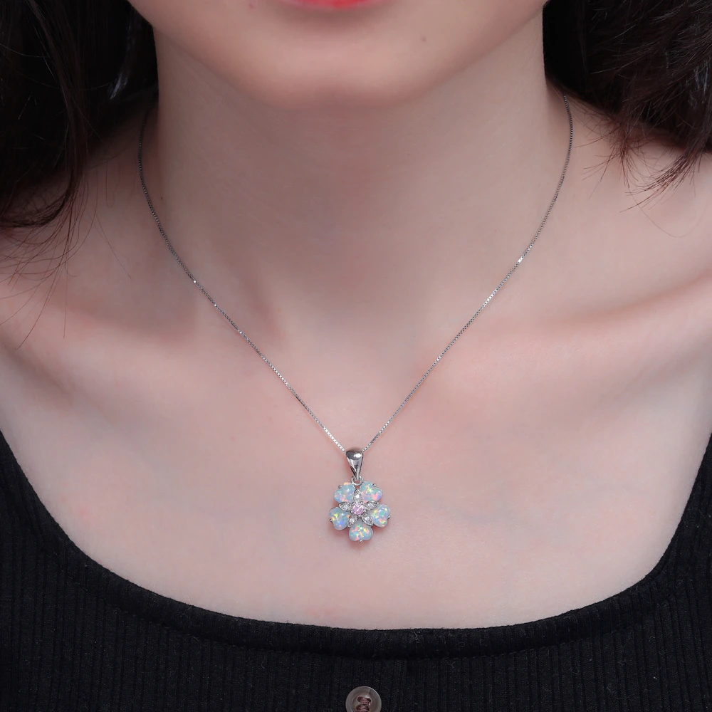 Ожерелье CiNdy White Fire Opal с розовым камнем цветком серебряным покрытием подвеской из