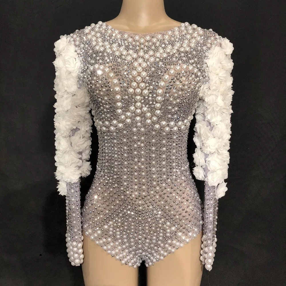 

Women's New Sparkly Rhinestones Pearls Bodysuit White Flowers Birthday Celebrate Stage Singer Dance DJ DS Show Nightclub Leotard