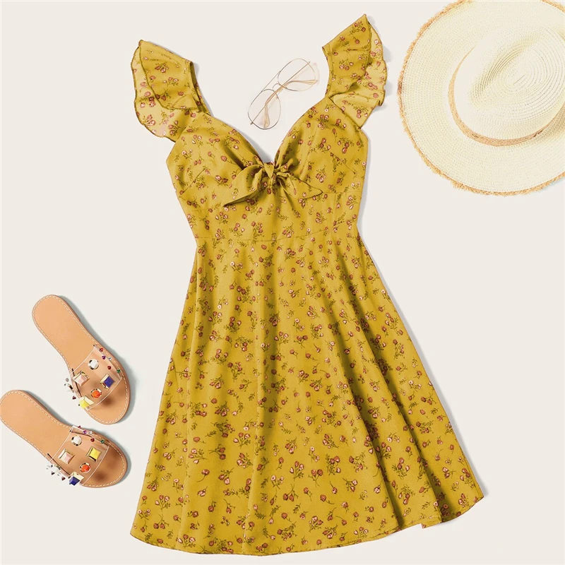 SHEIN розовое летнее платье в богемном стиле с цветочным узлом и оборкой на шее, женское Милое сексуальное платье без рукавов с v-образным вырезом и высокой талией