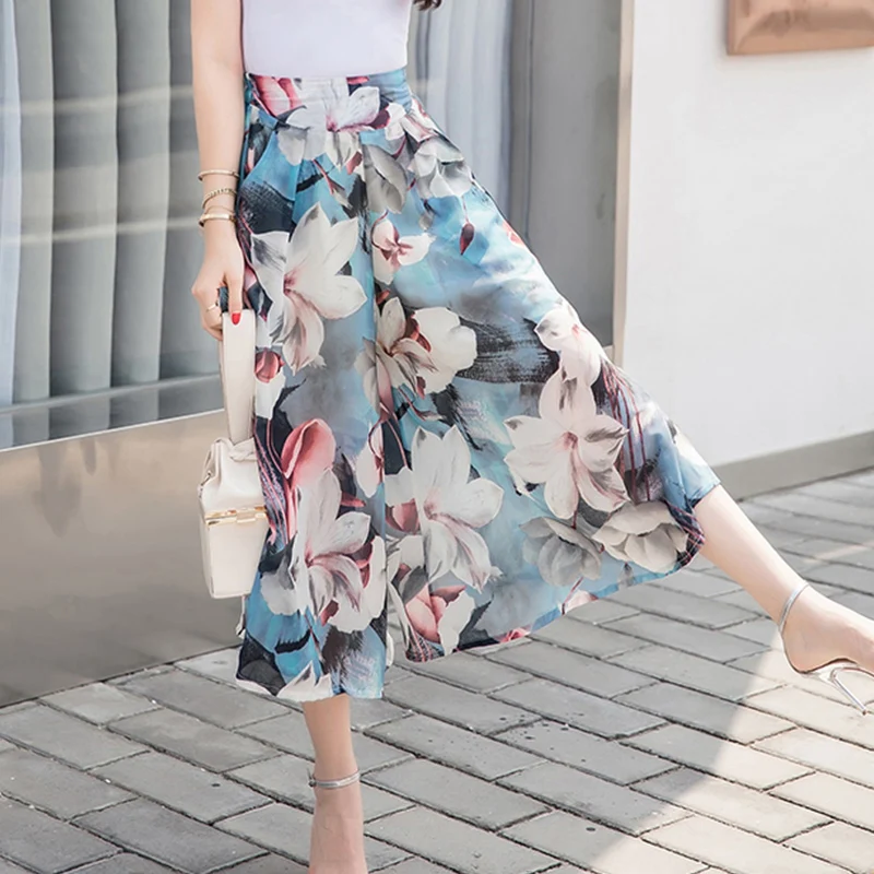 Drape high waist wide leg pants female summer thin section loose chiffon cropped trousers skirt 2020 new floral beach lady | Женская