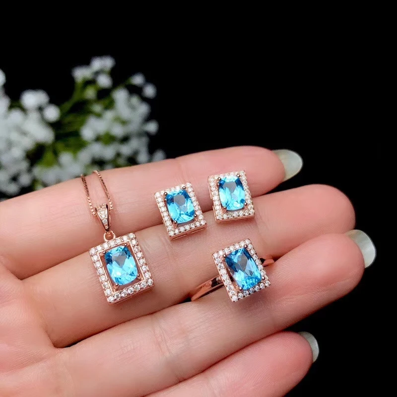 

competitive price classic blue Topaz gemstone jewelry set including ring earrings and necklace with silver