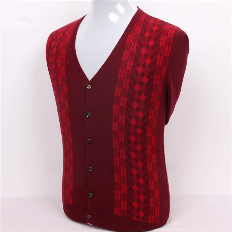 

pure goat cashmere plaid thread knit men fashion v-neck contrast color thick cardigan sweater claret 2color S/3XL