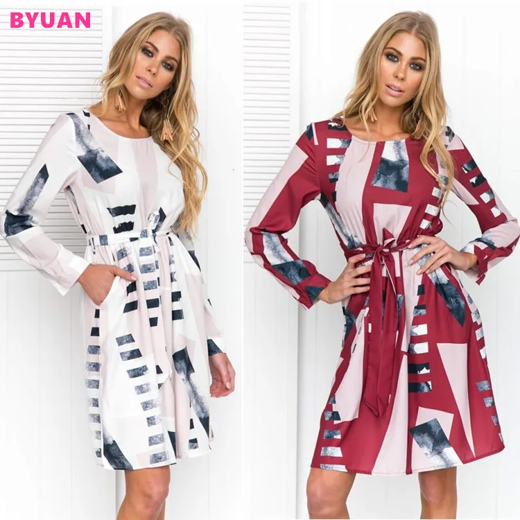 

BYUAN Long Sleeve Women Dress Autumn 2018 New Arrival Casual Women Dresses Lace-up Patchwork Print Dress Mujer Women Clothes