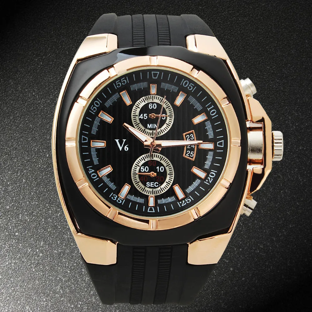 Роскошные V6 Черный Кожаный Ремешок Мужская Спорт Кварцевые Аналоговые Дата