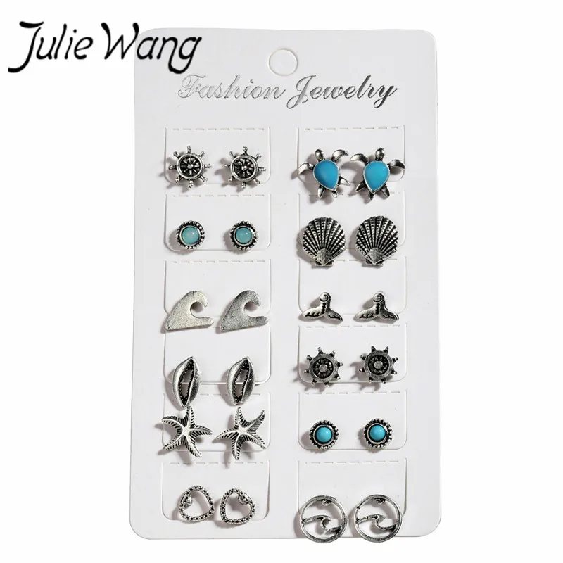 Julie Wang 12 pair Bohemian Style Shell Wave Sea Turtle Sweet Cute Shape Aquarium Souvenir Ocean Party Theme Starfish Earrings | Украшения