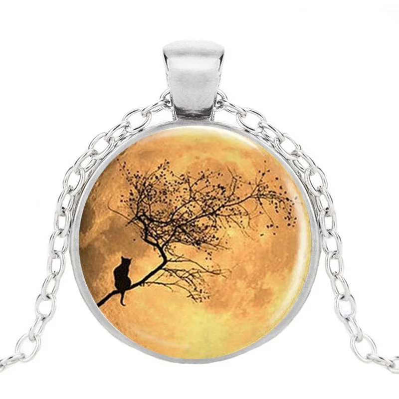 Стеклянный кабошон подвеска синяя Луна и кот сидящее на дереве стеклянное