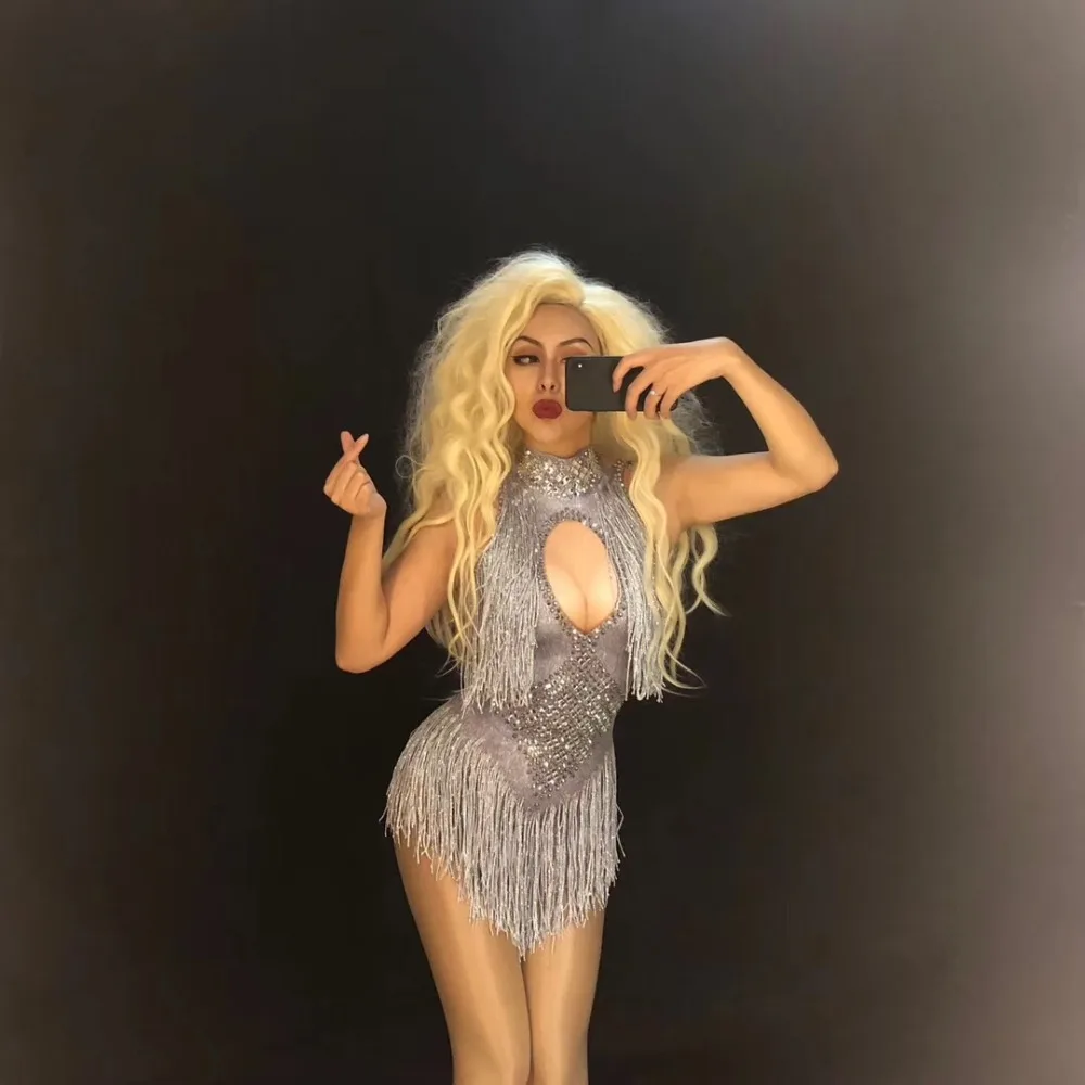 Women Sexy Stage Silver Tassel Bodysuit Sparkling Crystals Jumpsuit Nightclub Party Stage Wear Dancer Singer Show Dance Costumes
