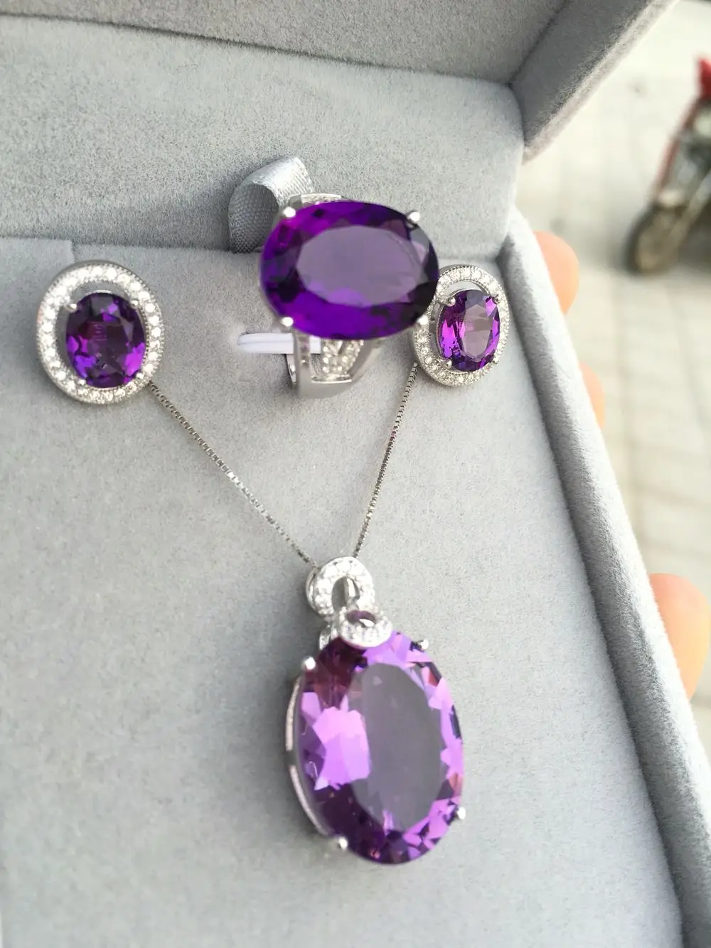 Аметист три набора Кольцо Кулон Серебро 925 инкрустированные 18k розовое золото