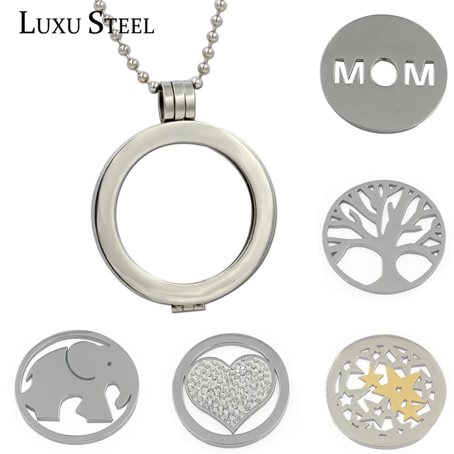

LUXUSTEEL Stainless Steel Round Floating Locket with Free Chain With Free 5pcs Different Coins 37mm Charm Pendant Necklace