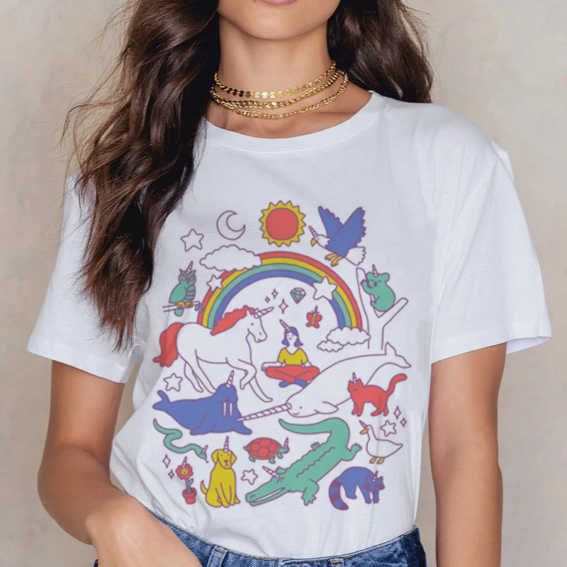 Единорог Kawaii футболка для женщин Harajuku единорог 90S Ullzang девочек с коротким рукавом
