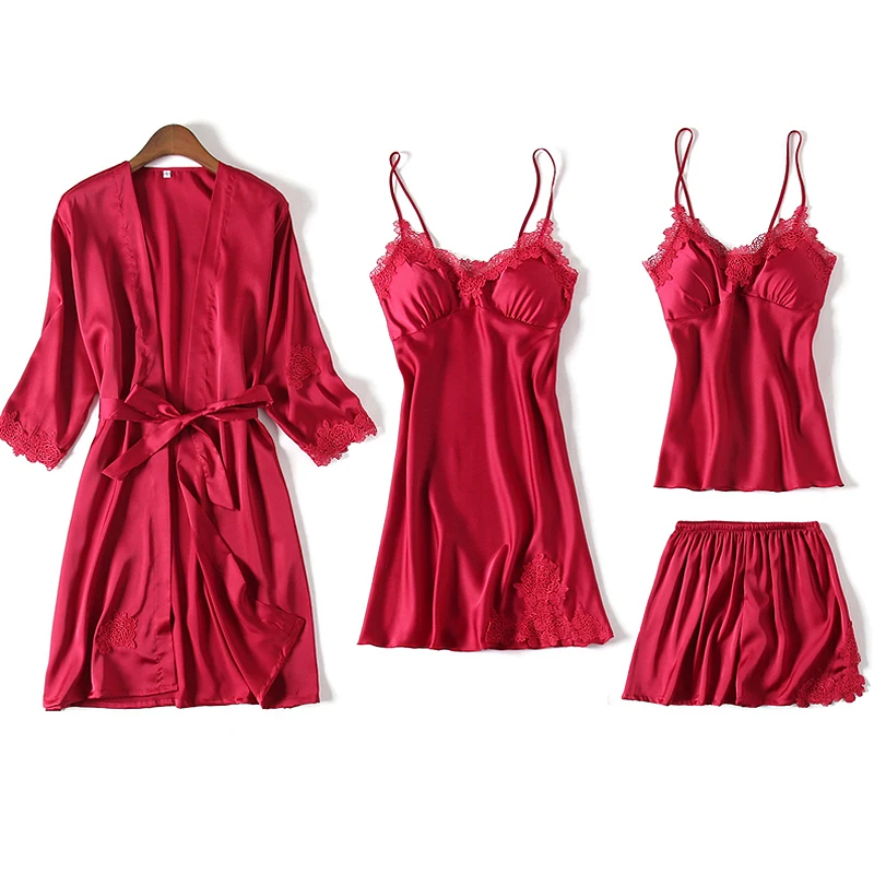 4 PC Wine Red Женские пижамы, 4 шт. и 5 шт., атласная пижама, шелковая Домашняя одежда, вышивка, Пижама для сна, для отдыха, пижама с подушками на груди, пижамный комплект - Цвет: 4 PC Wine Red
