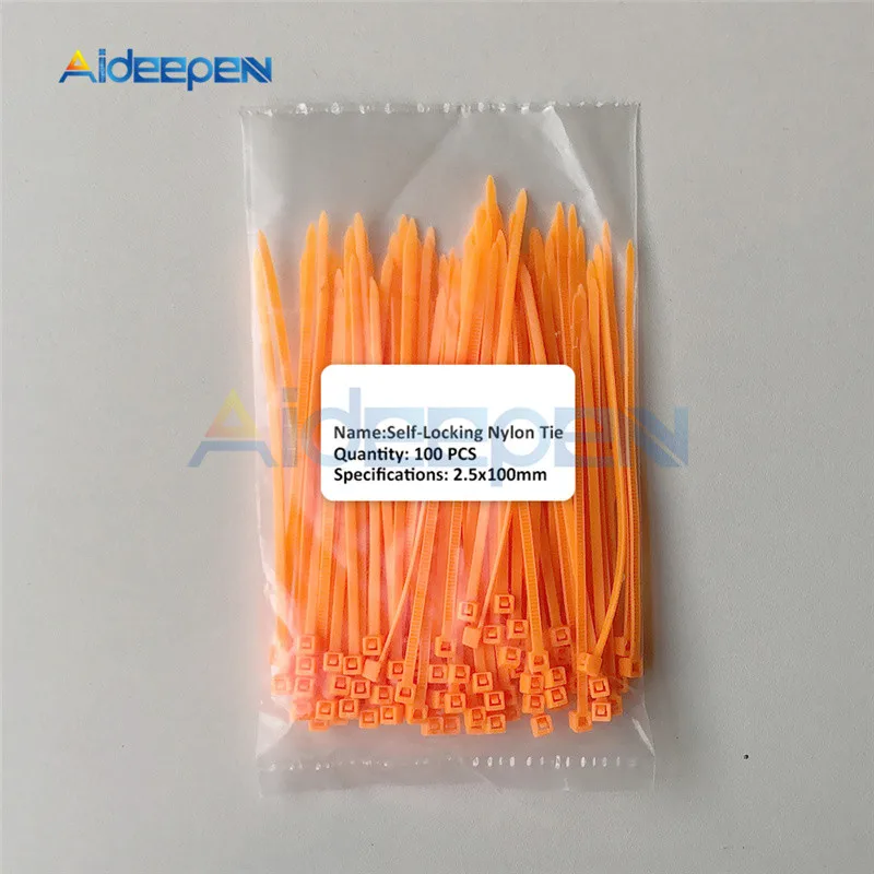 Orange 100 шт/партия 2,5*100 мм 12 цветов Пластиковые Нескользящие провода комплект галстуков на молнии 100 мм самоблокирующиеся Нейлоновые прочные кабельные стяжки UL сертифицированные - Цвет: Orange