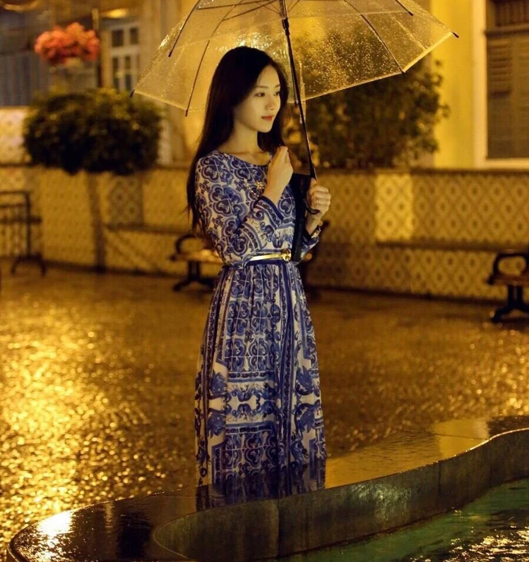 Высокое качество 2017 Весна и осень Новый синий белый фарфор Печать с длинными