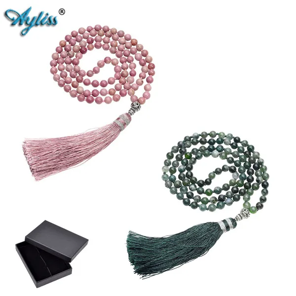 1 Set Ayliss 6 мм натуральный Родохрозит/мох Сердолик 108 буддийский молитвенный бисер тибетский мала многослойный браслет ожерелье кисточки - Окраска металла: 1 Set