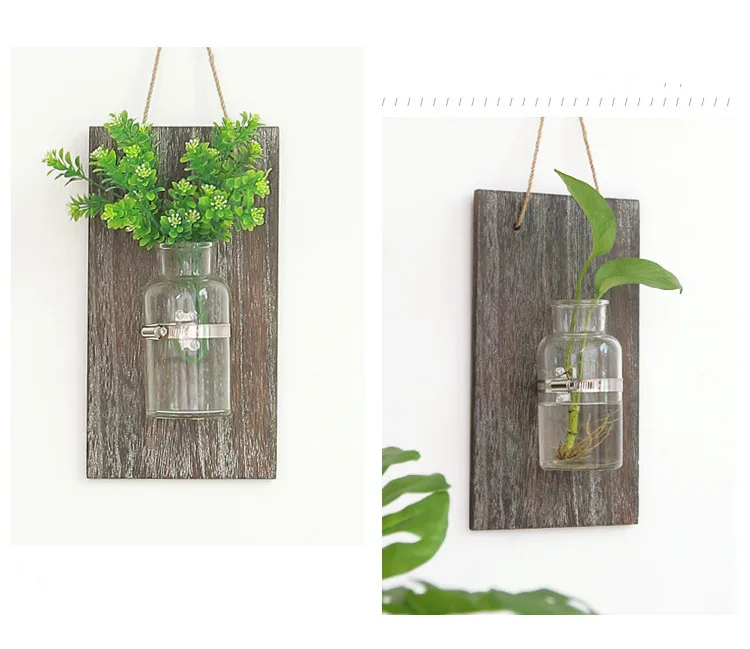 

1PC Pastoral Decoration Hydroponic Plant Glass Vase Living Room Wall Hanging Wooden Wall Flower Arrangement Flower Vase JL 264