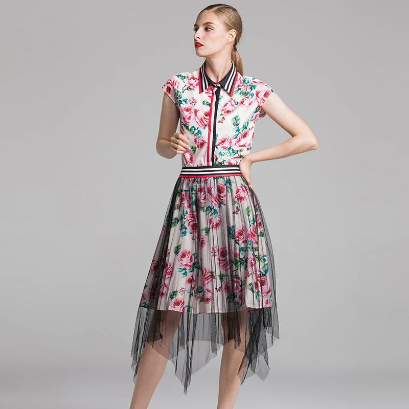 2018 Autumn Pretty Rose Print Women Sets High Quality Sweet Short Sleeve Turn-down Collar Shirts +Mesh Skirts Floral Suits | Женская