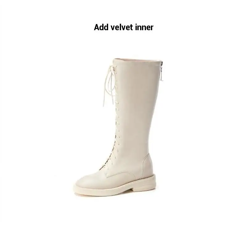 Beige(Add velvet ) CDAXILAN/новые женские сапоги до колена из натуральной коровьей кожи, на плоской подошве, с круглым носком, на среднем каблуке, с перекрестной шнуровкой, зимние ботинки martin - Цвет: Beige(Add velvet )