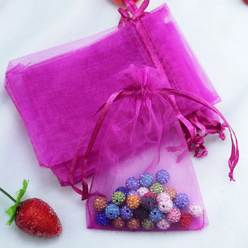 

50pcs/lot Organza Bags 11x16cm Wedding Jewelry Gift bag Transparent Organza Drawstring Rectangle Bags Rose red