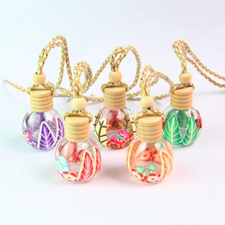 50pcs/lot Glass+Polymer Clay Car Aroma Essential Oil Bottle Pendant Craft Parfum Bottle Hanging Fragrance Container