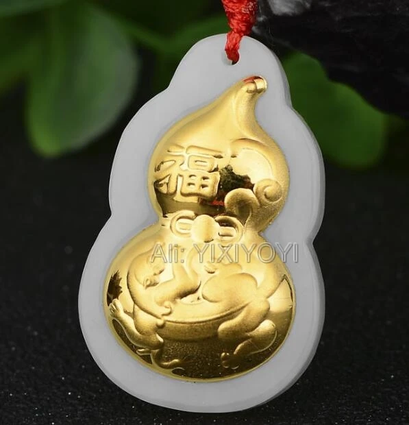 Beautiful Natural White Hetian Jade + 18K Solid Gold Inlaid Chinese Cucurbit Design Lucky Pendant Free Necklace Fine Jewelry | Украшения и