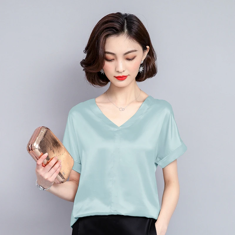 

new summer women tops silk casual solid women blouses shirts v-neck fashion plus size women elegant female clothing
