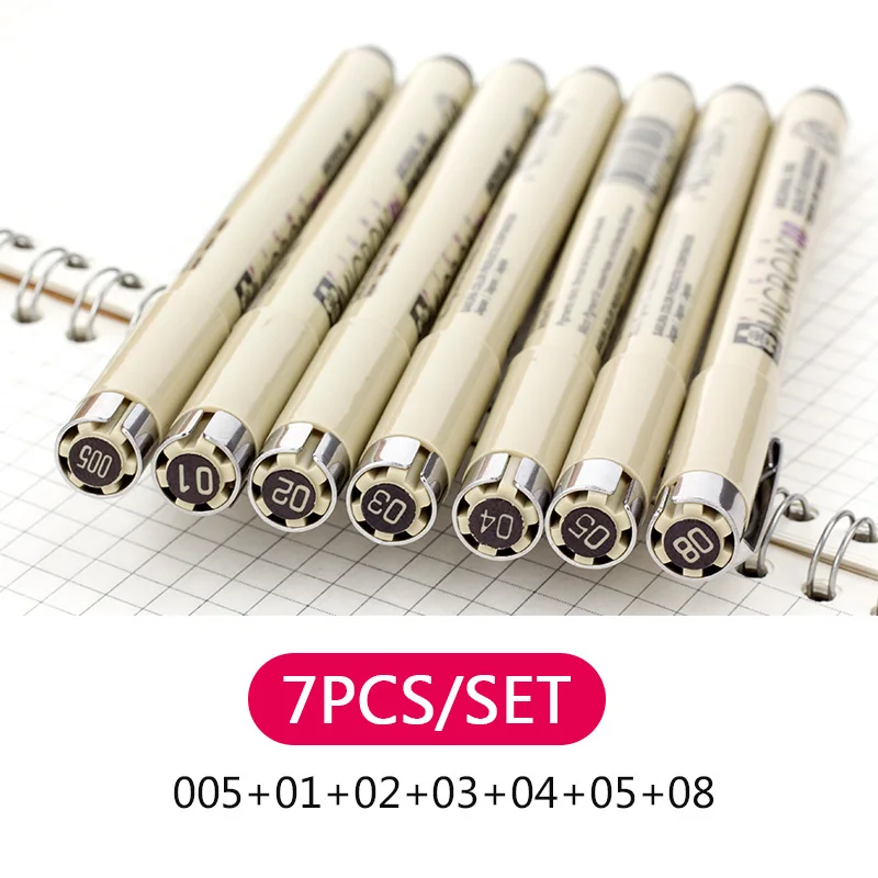 7pcs Маркеры Pigma Микрон ручка игла мягкая кисть рисунок водостойкая живопись ручка 005 01 02 03 04 05 08 1,0 кисть художественные маркеры - Цвет: 7pcs