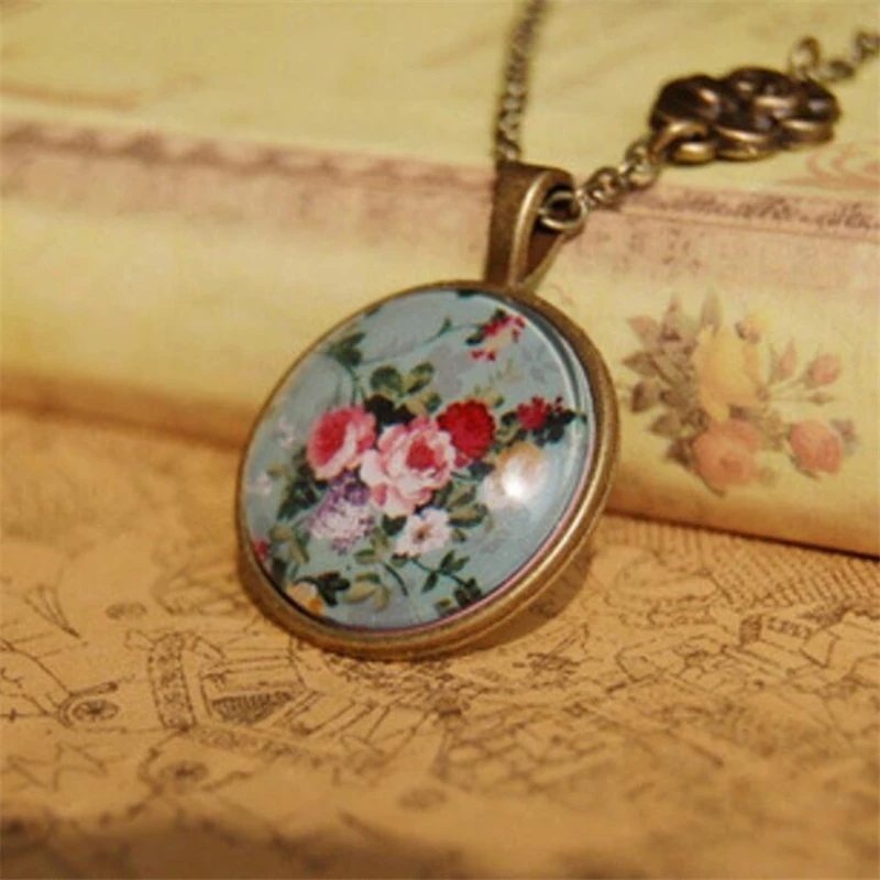 New Arrival Japanese Style Necklace Round Hand-painted Retro Floral Pendant Alloy Glass Jewelry Fashion Popular NE110 | Украшения и