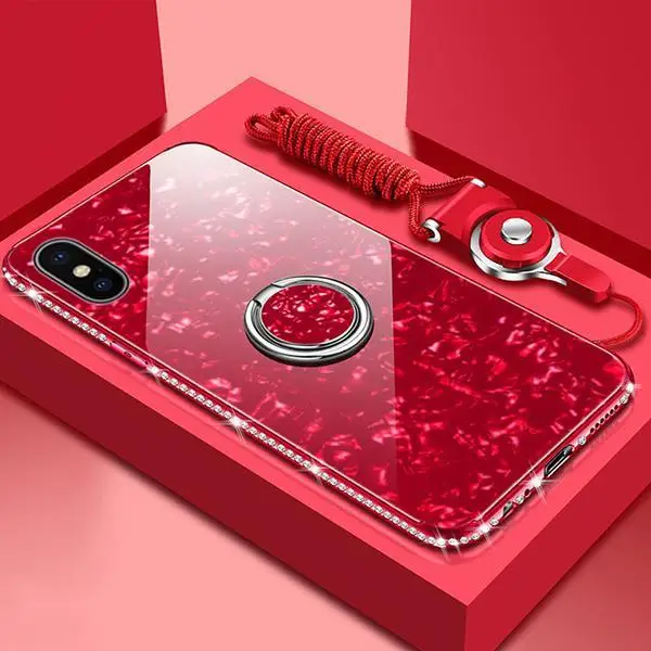 Красный Чехол для iphone X XR XS 11 pro Max с кольцом на палец, чехол для iphone 11, 8, 7, 6, 6s Plus, блестящая раковина, закаленное покрытие для телефона - Цвет: Красный