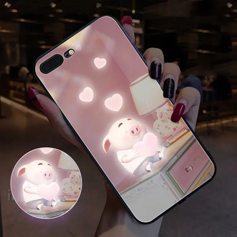 EKIND свинья серии закаленное стекло чехол для iPhone X XS XSMAX светодиодный логотип flash чехол для iPhone защитный чехол телефона