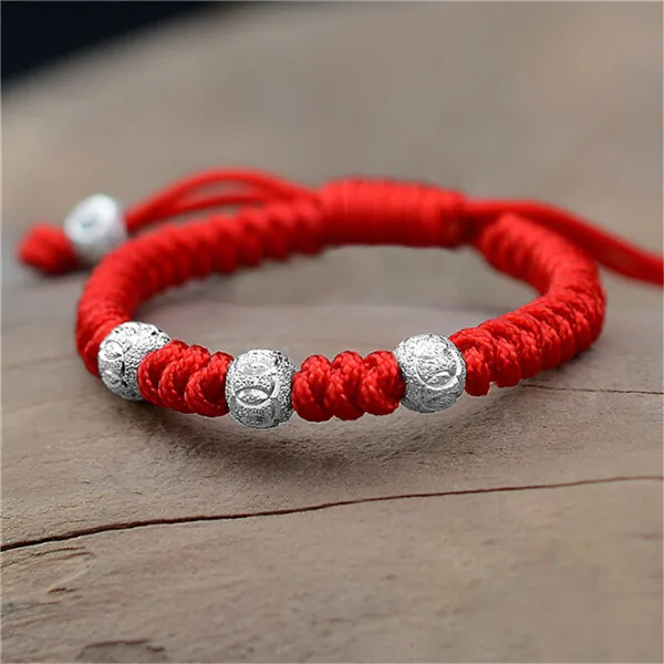 Red Rope Детский Браслет из 925 серебряных бусин, ручная вязка, китайский узел, красная веревка, регулируемые браслеты, подарок на день рождения - Окраска металла: Red Rope