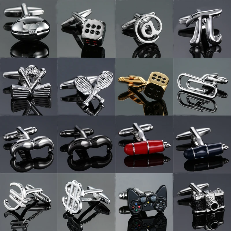 

18 style Mix Hotsale Cufflinks simple Stainless steel Christmas beard dice Racket pen Cuff Links for mans Wedding business gift