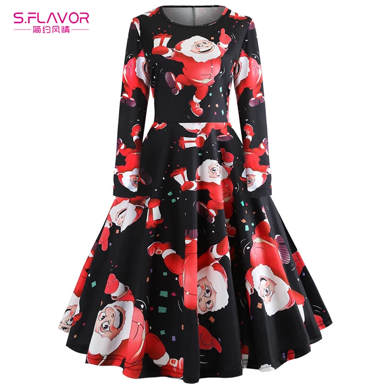S.FLAVOR 2018 New Fashion Women Vintage Christmas Dress Printed Floral Kawaii O-neck Long Sleeve Slim Party Dresses | Женская одежда