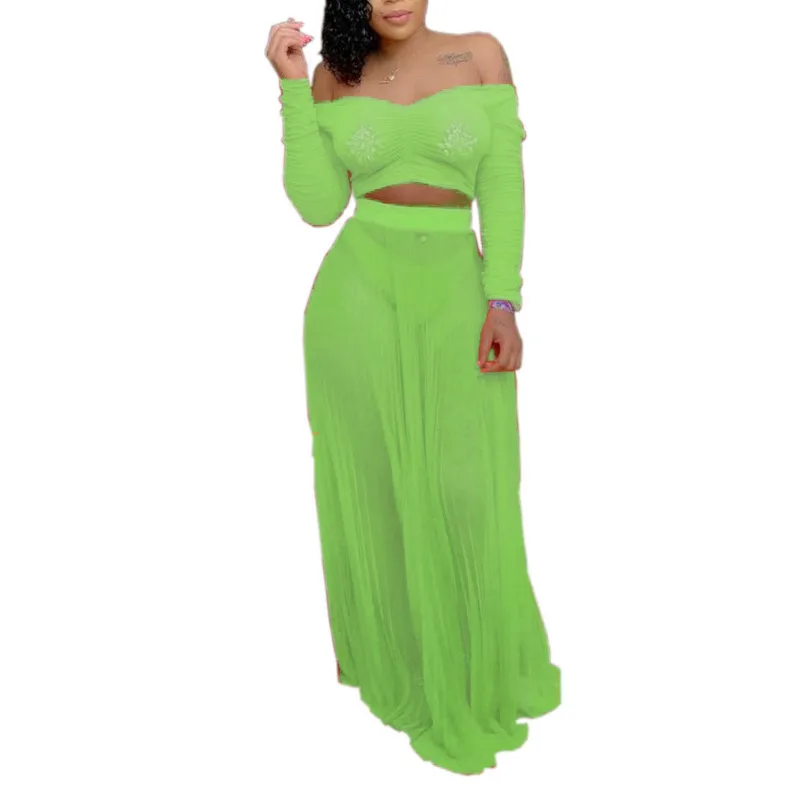 neon green Неоновый оранжевый сексуальный комплект из 2 предметов для женщин, короткий топ с длинным рукавом и вырезом лодочкой, пляжные длинные юбки, прозрачный комплект из двух предметов - Цвет: neon green