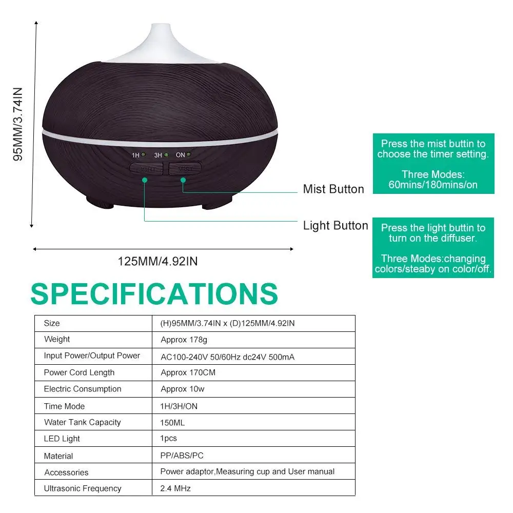 150 мл древесины ультразвуковой увлажнитель воздуха с выпуском холодного