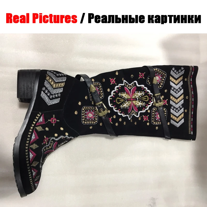 BONJOMARISA/брендовые сапоги для верховой езды до середины голени в этническом стиле, размеры 34-46 женские замшевые сапоги из натуральной кожи с вышивкой г. Женская обувь на среднем каблуке
