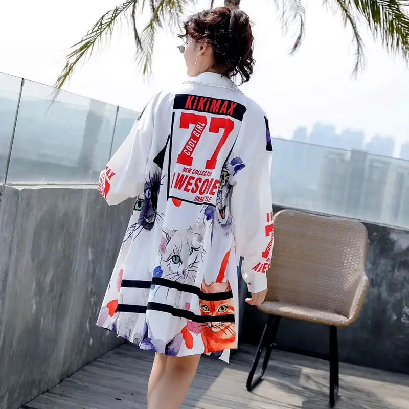 European station 2019 Thailand street fashion cartoon letter printing shirt jacket long paragraph loose net red female | Женская одежда