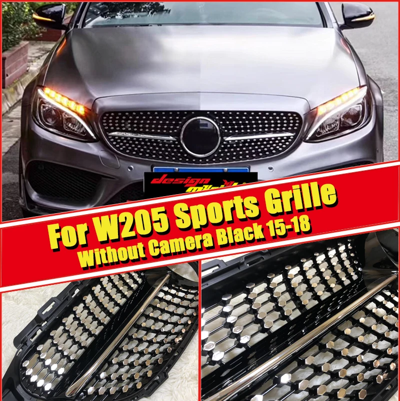 Для MercedesMB C205 W205 решетка черный блеск ABS серебро C Класс W205 бриллианты передняя решетка без камеры и без знака