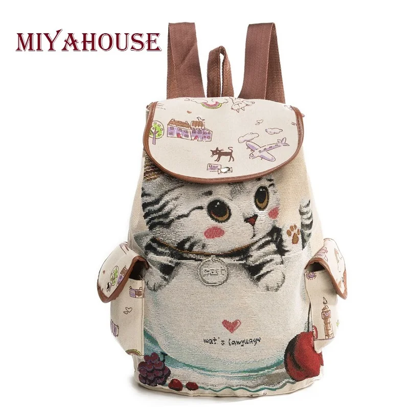 Miyahouse Casual Canvas School Backpack Women Lovely Cat Printed Drawstring Backpack Teenager Large Capacity Ladies School Bag