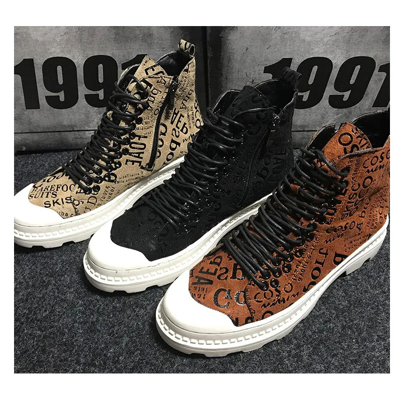 

OVXUAN Men Fashion Leather Boots mens Vintage High Top Lace up Luxury British Style White Rubber Shoes Male Red Ankle Boots 2020