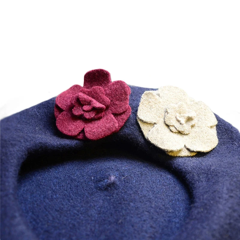 Женский берет с цветами FS теплый шерстяной во французском стиле осенне зимний