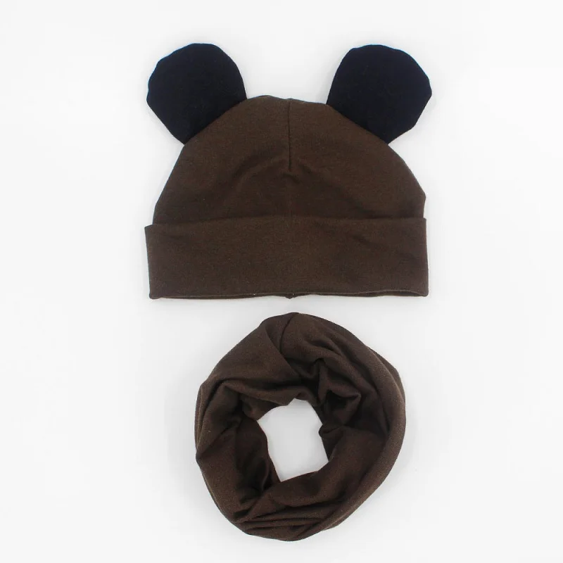 brown black ear Baby Hat Cotton Ear Cap For Boys And Girls Winter Hat Scarf Set Children Boys Cap Scarf 2PCS - Цвет: brown black ear