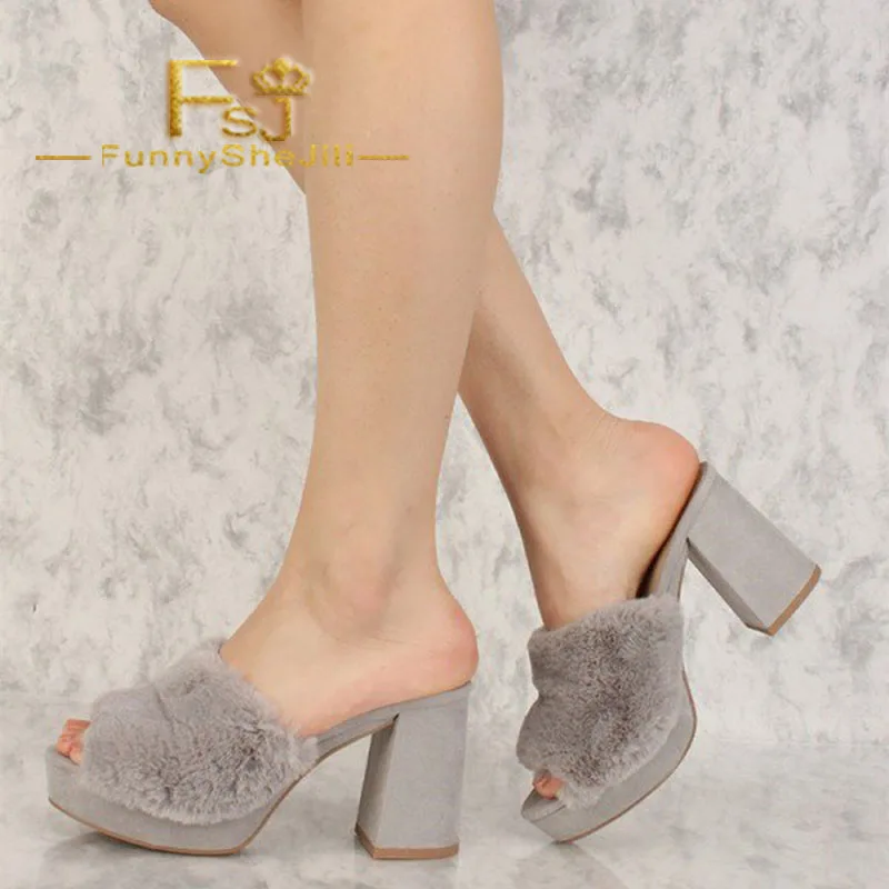 

Grey Fur Heels Open Toe Suede Chunky Heel Platform Trendy Mules Women Shoes Generous Noble Incomparable Black Friday FSJ Sexy