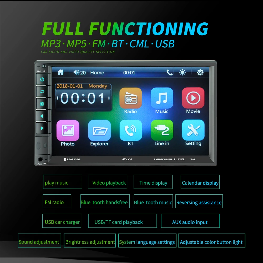 Hevxm 7 дюймов автомобиля 2din Радио Аудио сенсорный экран Мультимедиа Bluetooth MirrorLink