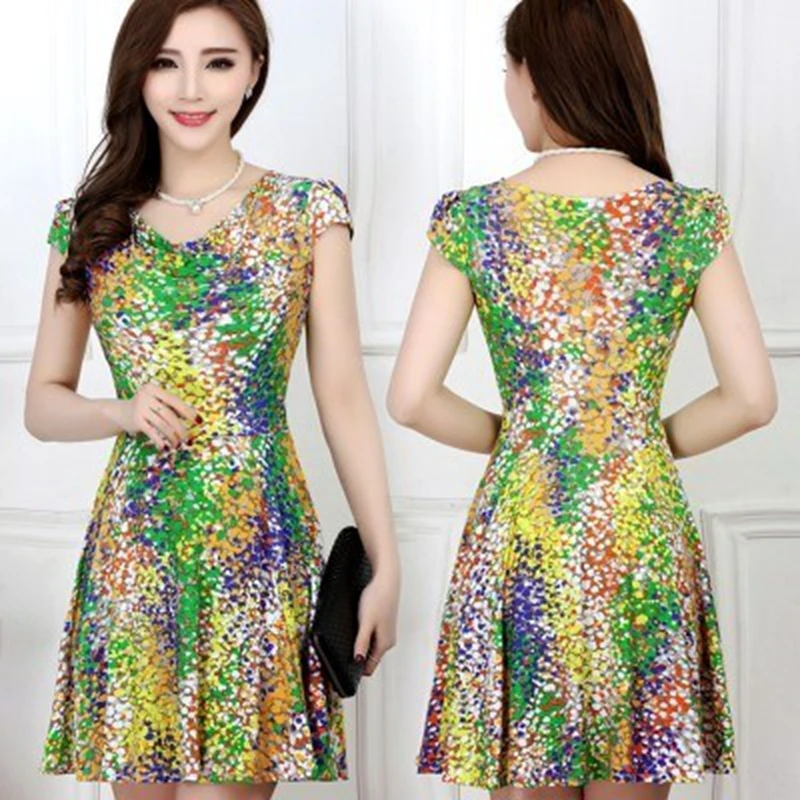 

Women Dress 2019 Fashion Women's Style Middle-aged Short-sleeved Dresses Slim Elegant Floral Print Clothes plus size 4XL