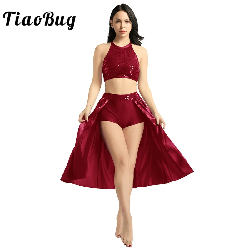 

TiaoBug Adult Women Ballet Dress Sequin Halter Crop Top with Built-In Leotard Skirt Set Stage Performance Lyrical Dance Costumes