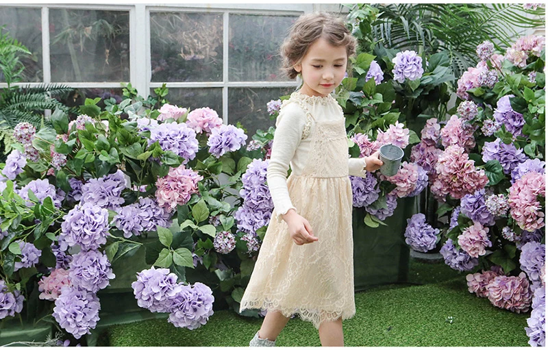 Весна Осень платье на петельках для девочек Новое кружевное с длинным рукавом