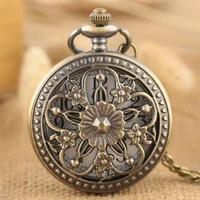 elegance flowers bronze hollow hunter pocket watch quartz movement vintage exquisite lady jewelry pendant clock gifts 2019